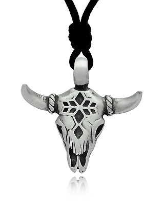 #ad Tribal Bull Skull Silver Pewter Charm Necklace Pendant Jewelry $9.99