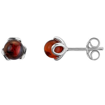 #ad 925 Solid Pure Sterling Silver Red Baltic Amber Designer Flower Stud Earrings $11.99