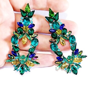 #ad Green Drop Dangle Chandelier Rhinestone Crystal Pageant Prom Earrings 3 Inch $39.99
