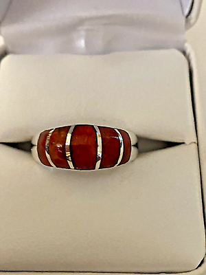#ad STERLING SILVER 925 BAND RING SIZE 7 WITH INLAY CORAL 8MM WIDE $39.95