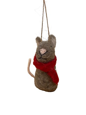 #ad Silver Tree Felted Mouse w Red Scarf Christmas Ornament Brown 3.5 in $8.22