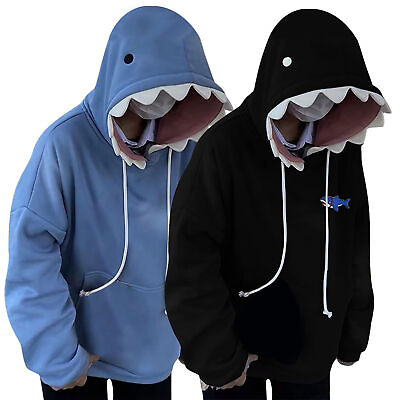 #ad Couple Cute Shark Hoodie Long Sleeve Blue Kawaii Shark Shape Hooded Pullover $24.11