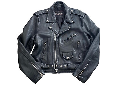#ad Vintage WILSONS Thick Heavy Black Leather Motorcycle Biker Punk Jacket Med? $225.00