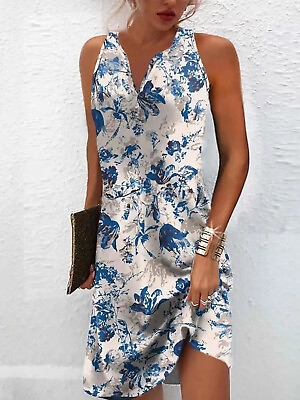 #ad Women Summer Floral Beach Tank Dress Ladies Boho Holiday Button Casual Sundress $18.99