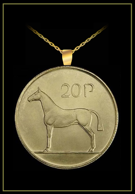 #ad IRELAND 20 Pence Coin Necklace gold irish horse harp vintage world pendant $12.95