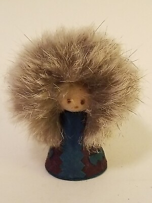 #ad Handcrafted Hand Made Wooden Doll w Rabbit Fur Hair Hat Hood 2.5quot; Miniature $14.99