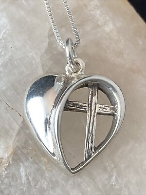 #ad Vintage Heart with Cross Sterling Silver 925 Pendant 18#x27;#x27; Chain Necklace 3.5g $21.11