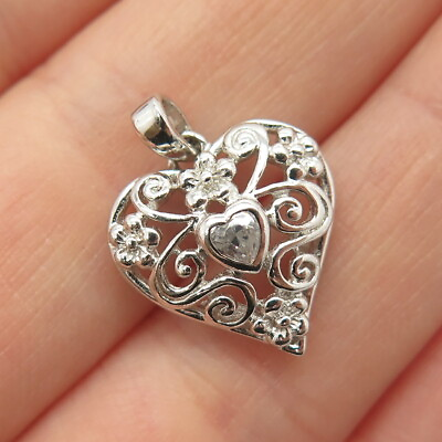 #ad 925 Sterling Silver C Z Floral amp; Heart Domed Pendant $17.99