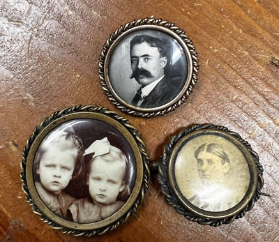 #ad Lot 3 Antique Tiny Photo Frame Brooches Pins Miniature Man w BIG Mustache 1 1 8 $47.50