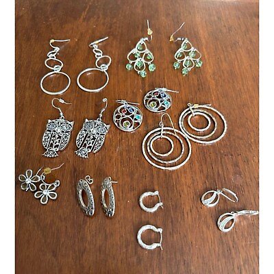 #ad Silver Tone Pierced Earrings 9 Pair See Photos $9.80