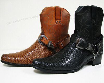 #ad Brand New Mens Cowboy Boots Western Snake Skin Print Zippper Buckle Harness Shoe $38.60