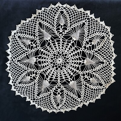 #ad Vintage Hand Crochet Ivory Cotton Doily Table Topper w Bead Work Detail 14quot; Dia. $10.95