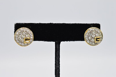 Givenchy Vintage Clip Earrings Rhinestone Crystal G Logo Runway Signed 80s BinW $87.96