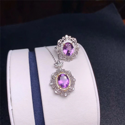 #ad 8x10mm Amethyst Pendant and Ring Jewelry Set Amethyst Jewelry Set Oval Cut $165.00