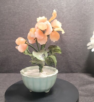 #ad Vintage Chinese Glass Jade Bonsai Tree Green Pink Floral Green Ceramic Pot $32.00