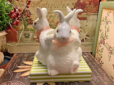#ad Three White Standing Rabbits Encircling Cache’ Pot Planter Wearing Pink Ribbons $36.99