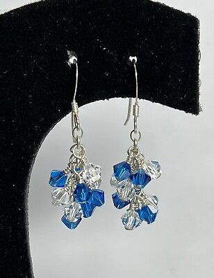 #ad Handmade Artisan Sterling Silver Swarovski Crystal Earring Blue Dangle Christmas $7.00