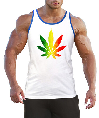 #ad Men#x27;s Rasta Weed Leaf F15 White Tank Top BL High Marijuana Cannabis Kush Joint $12.99