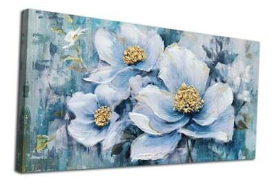 #ad Flowers Painting Florals Canvas Landscape Wall Art 40quot;x20quot; Grayish Blue White $80.50