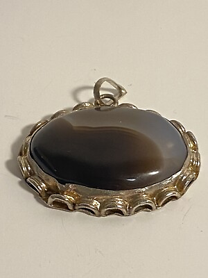 #ad vintage Black white Onyx Agate oval fat Pendant sterling silver? $15.36