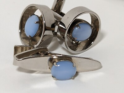 #ad Light Blue Oval Prong Set Silver Tone Circle Toggle Back Cufflinks amp; Tie Bar SET $20.00