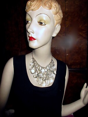 #ad Vintage VCLM Cascade Lucite Necklace Art Deco Bib 3 Strand Clear Carved Superb $44.99