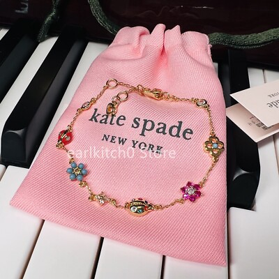 #ad Kate ks Spade Nature Walk Flower Ladybug Charm Bracelet Gold Tone w Dust Bag $23.99