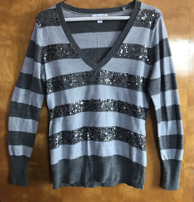 #ad Grey Stripes Sweater with Sequins Size Medium $15.99