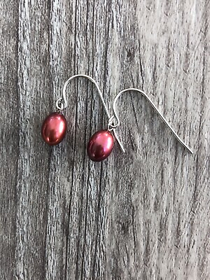 #ad Vintage Antique Rose Red Sterling Silver Pearl Dangle Earrings 925 $23.00