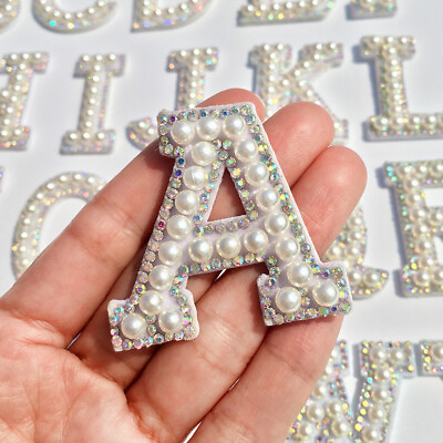 #ad A Z Letter Pearl Patches Rhinestone Iron Sew On Applique Alphabet Clothing Badg☆ $1.85