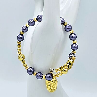 #ad Vintage Eau de Lourdes Bracelet Catholic Purple Goldtone Religious Charm $19.00