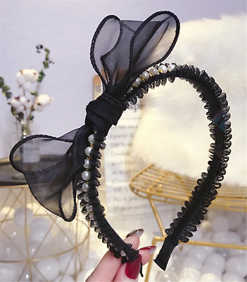 #ad Women Girl Retro Black bow Lace Ribbon Pearl Party Headband Hair head band hoop AU $12.50