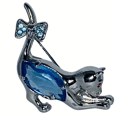 #ad VTG Icy Blue Crystal Pretty Cat Brooch Pin 2quot; Kitty Meow Figural Trendy Playful $35.09