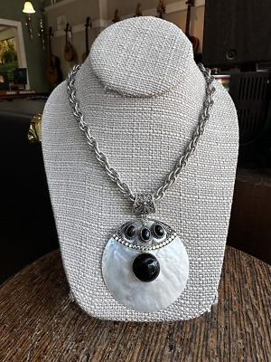 #ad Vintage Sterling Bali Mother of Pearl Black Onyx Pendant Meran Necklace 18quot; $99.99