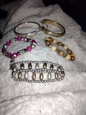 #ad Bracelet Lot of 5 : Mixed Metal Tone tan pink clamp stretch $4.00
