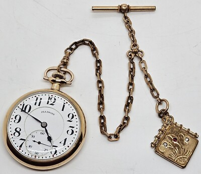 #ad Antique Working 1920 ILLINOIS Aristocrat 17J Gents Gold GF Pocket Watch w Chain $299.99