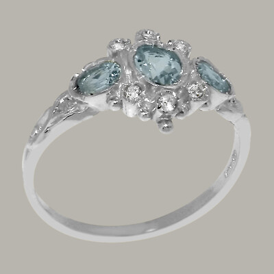 #ad 18k White Gold Natural Aquamarine Diamond Womens Trilogy Ring Sizes 4 to 12 $1149.00