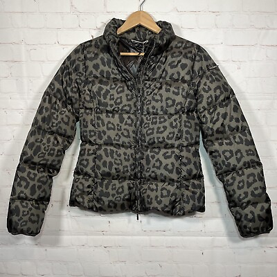 #ad Liu Jo Down Puffer Jacket Womens 42 Gray Black Leopard Full Zip Pockets $75.98