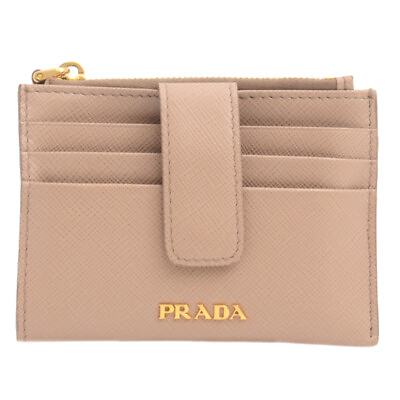 #ad Auth Prada Wallet Saffiano Card Case Coin Leather Brown Beige 1Mc026 $306.34