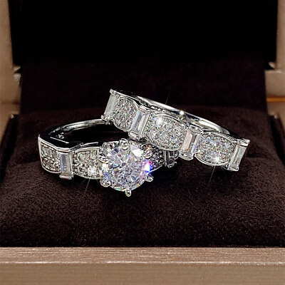 #ad 2 Pcs Set Women Fashion 925 Silver Ring Cubic Zirconia Wedding Gifts Sz 6 10 C $4.13