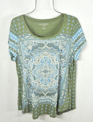 #ad Lucky Brand Women#x27;s T Shirt XL Green Mix Border Boho Top Blouse Pullover NWT $32.99