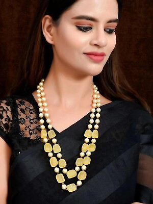 #ad Gold Plated Bollywood Indian Style Long Pearl Layer Necklace Bridal Jewelry Set $29.99