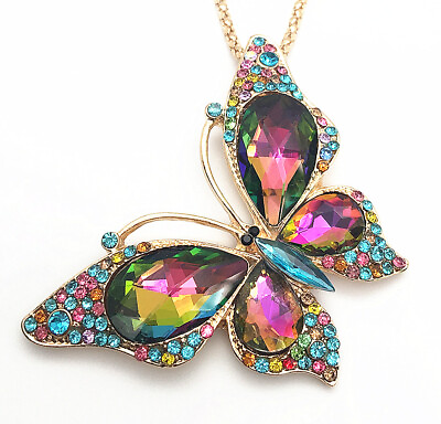 #ad Fashion Mixed Color Crystal Rhinestone Butterfly Pendant Long Necklace $6.99