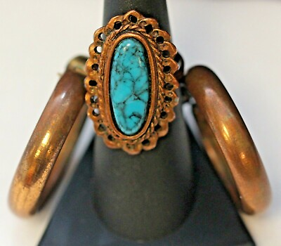 #ad COPPER HOOP CLIP ON EARRINGS amp; TURQUOISE RING SET UNBRANDED $49.95