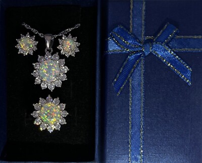 #ad Elegant White Fire Opal CZ Flower Necklace Earrings amp; Ring Size 8 Set $19.99
