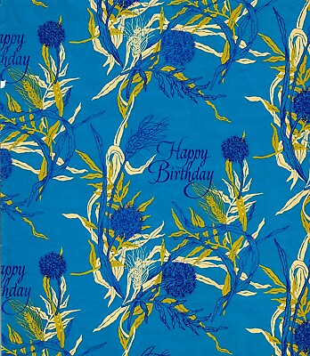 #ad Vintage Birthday Gift Wrap Blue Gold Dandelion Wheat Leaves Wrapping Paper Retro $6.95