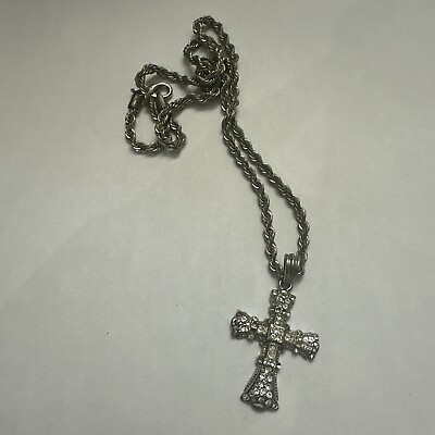 #ad Embossed Scroll Cross Pendant Nickel Silver Rope Twist Chain Necklace 22quot; Long $20.00