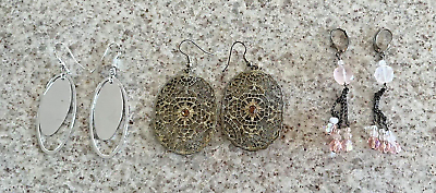 #ad 3 Pairs Of Dangling Pierced Earrings Gold Tone Silver Tone Crystal $9.00