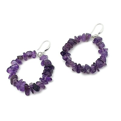 #ad Purple Amethyst Hoop Earrings Dangle Drop Natural Beaded Gemstone Nuggets Boho GBP 13.93