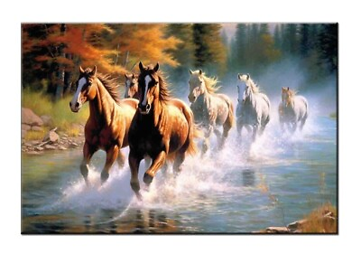 #ad Running Free in the Forest Beautiful Art Print of Horses Galloping in a Stream $75.78